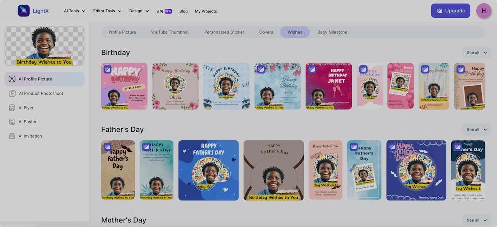 Screenshot of LightX Online AI Birthday Card Generator Free